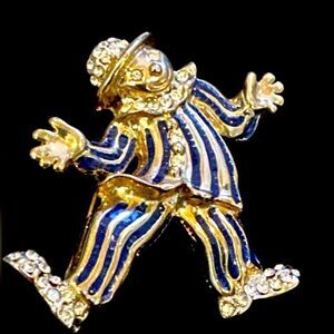 Nat Landau Hyman gold blue crystal clown jester brooch- signed 2.75” x 1.5”